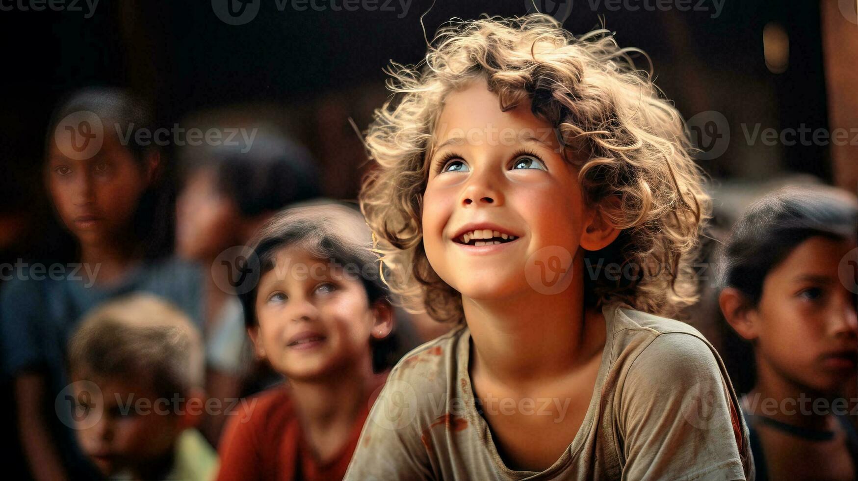 ai generato un' gruppo di giovane bambini seduta insieme foto