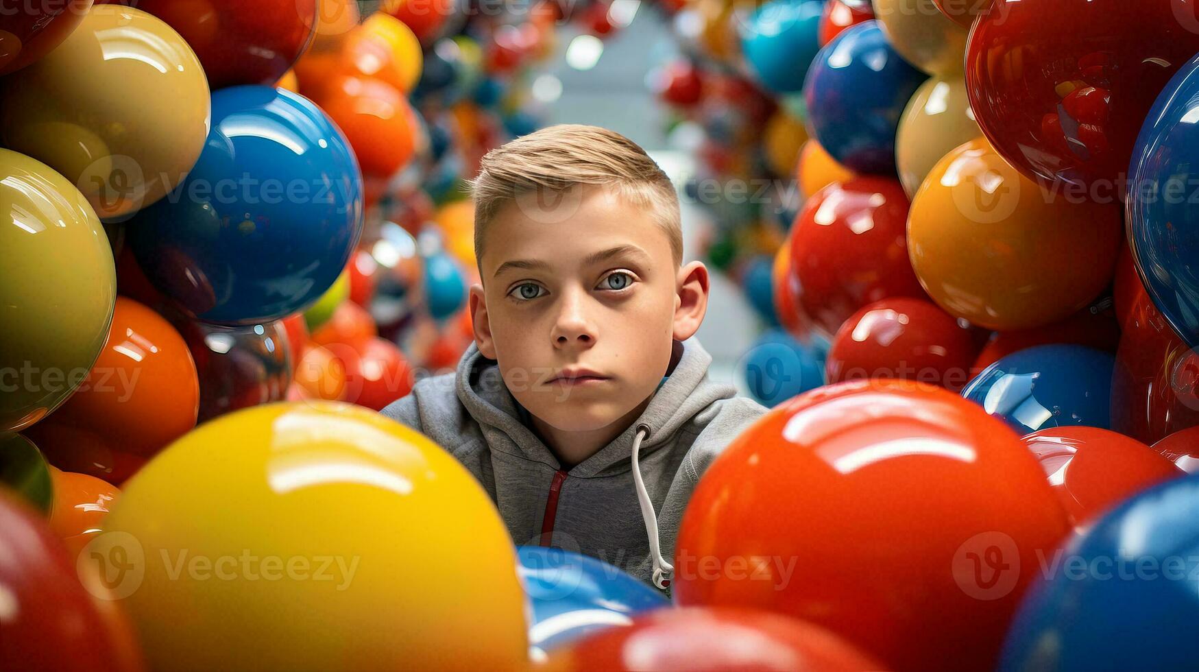 ai generato giovane ragazzo circondato di colorato palloncini foto