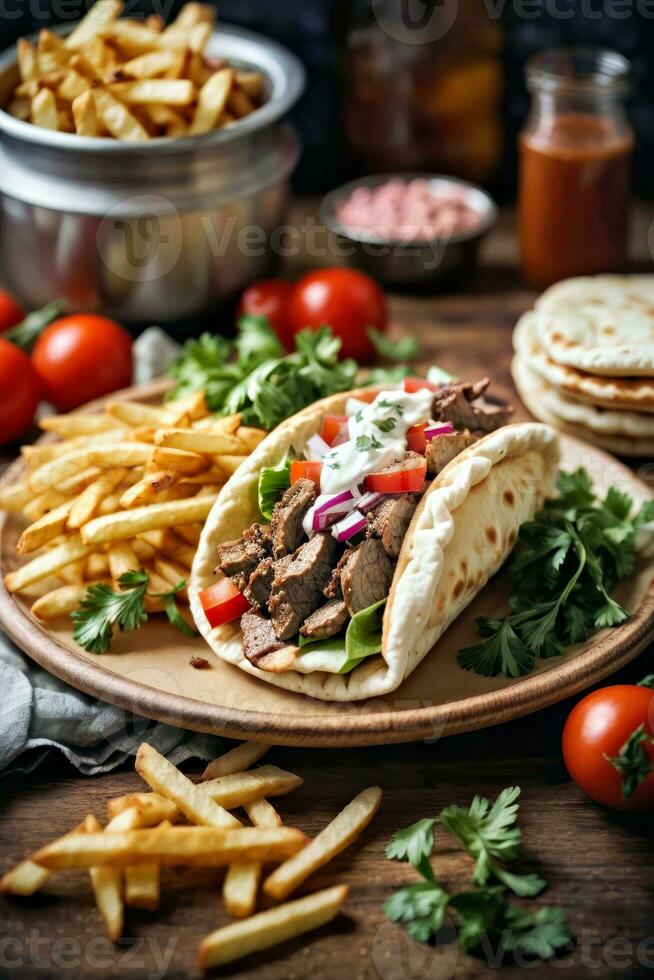 ai generato Due delizioso tacos e croccante patatine fritte su un' piatto foto