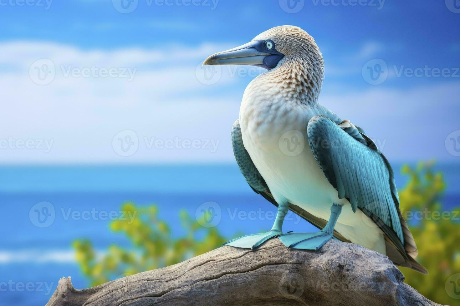 ai generato il raro dai piedi azzurri tonto riposa su il spiaggia. ai generato foto