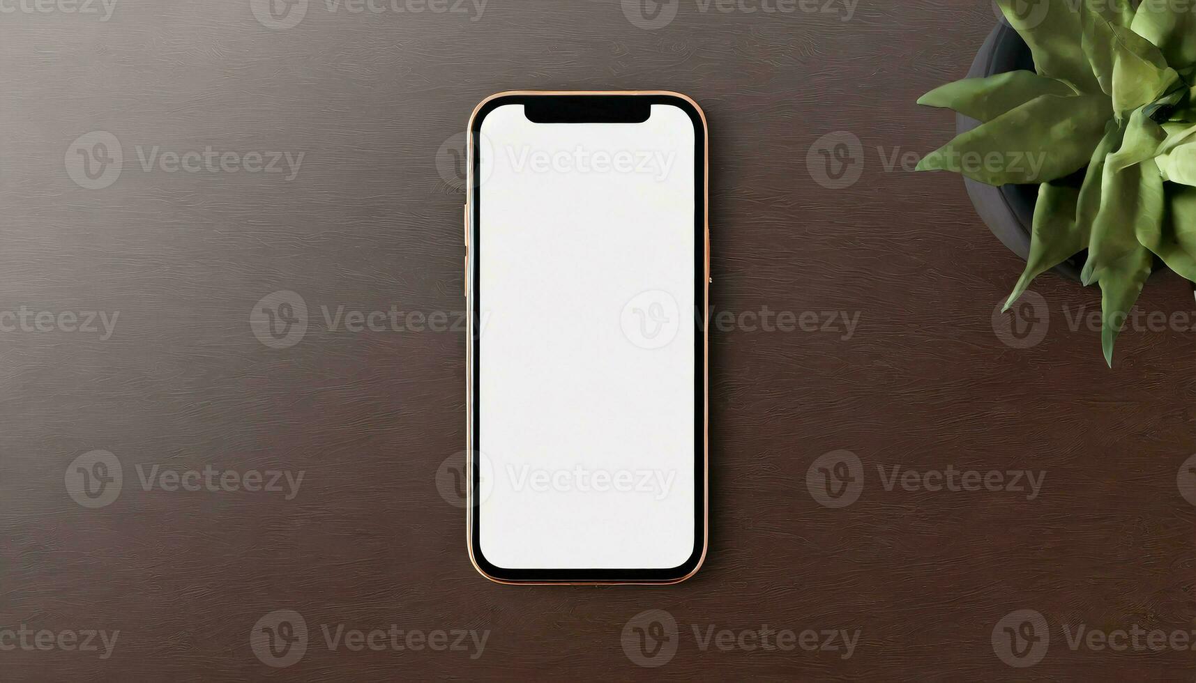 ai generato mobile Telefono finto su su Marrone superficie con pianta foto