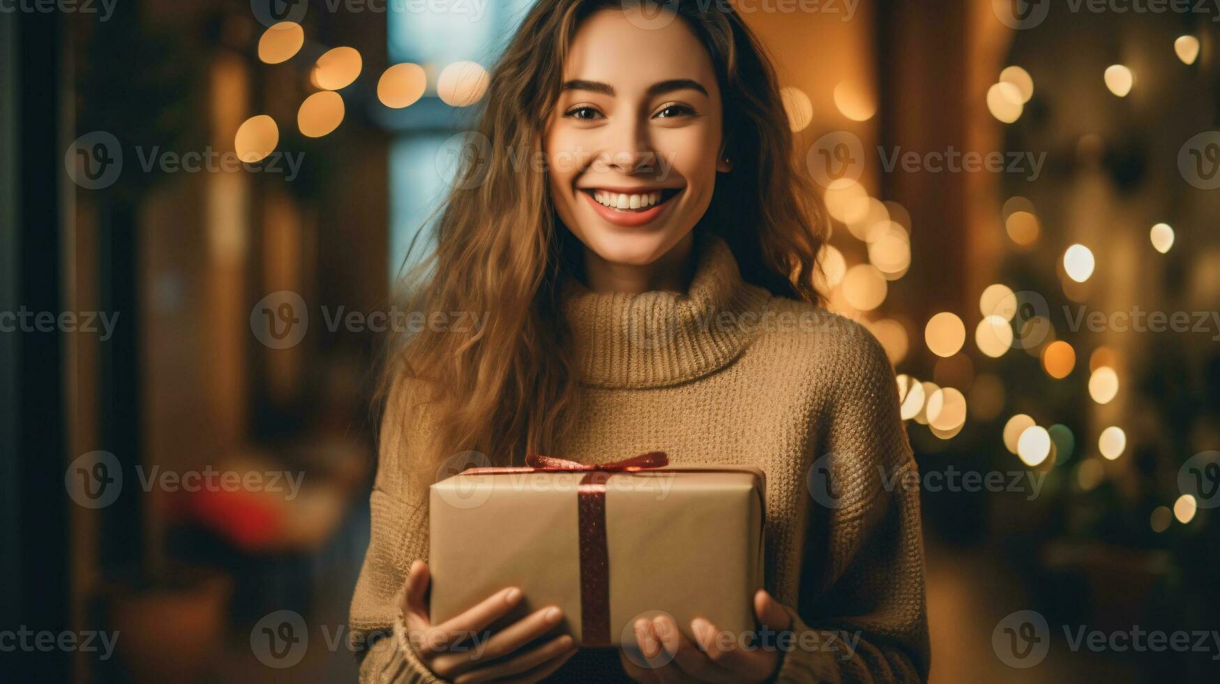 ai generato giovane donna è contento di un' regalo avvolto con un' arco foto