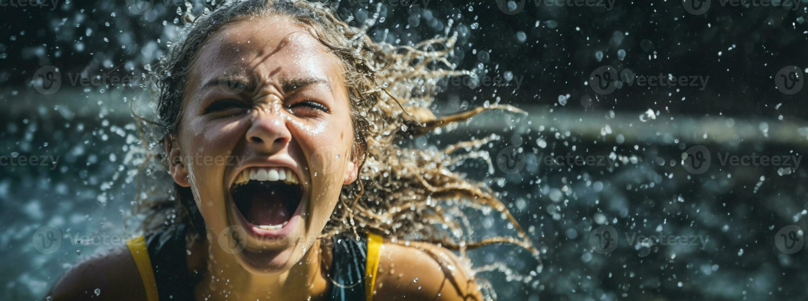 ai generato giovane donna urla con la gioia, esso è bagnato e acqua spruzzi foto