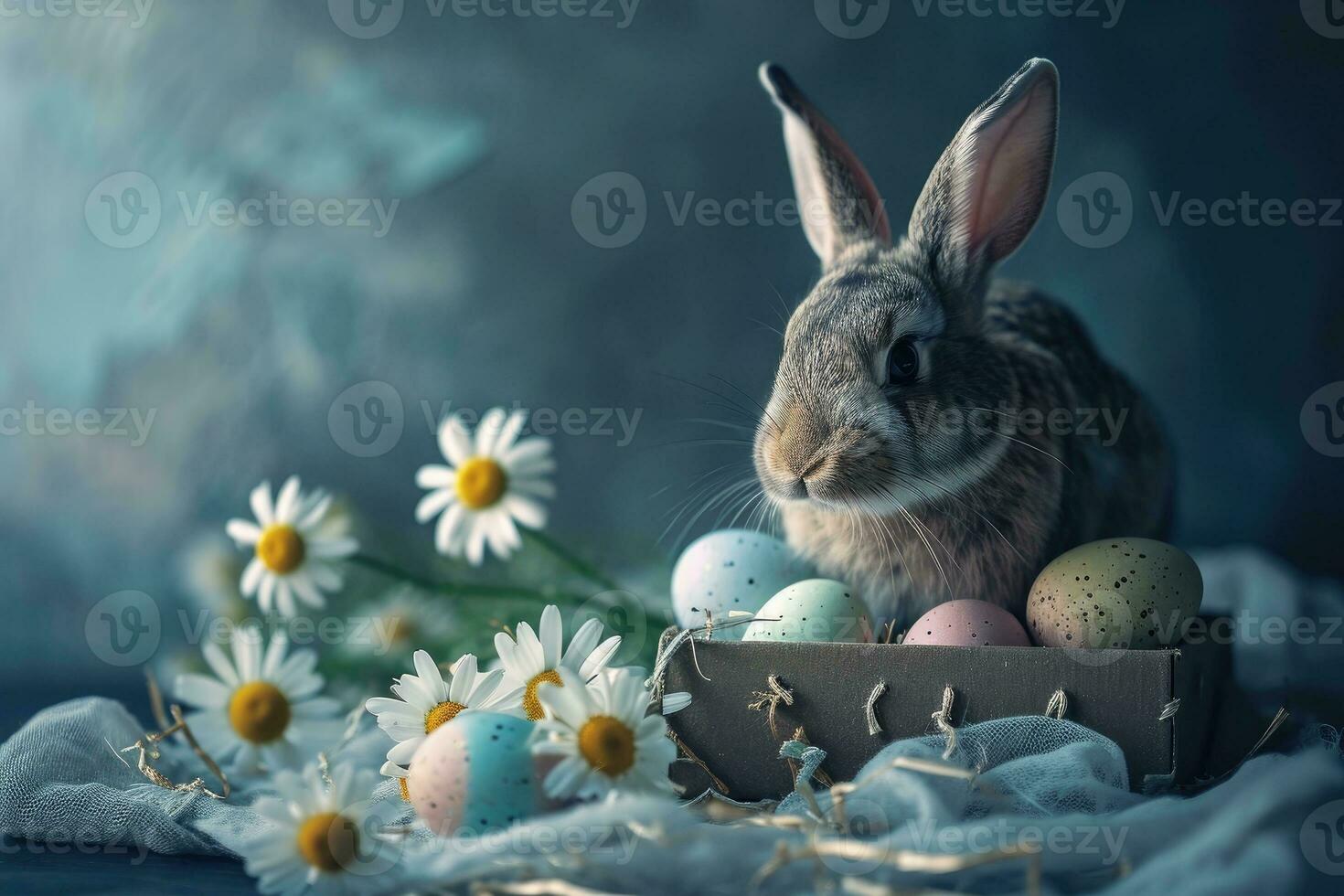 ai generato contento Pasqua, adorabile Pasqua coniglietto con Pasqua uova, colorato Pasqua uova, bandiera e sfondo foto