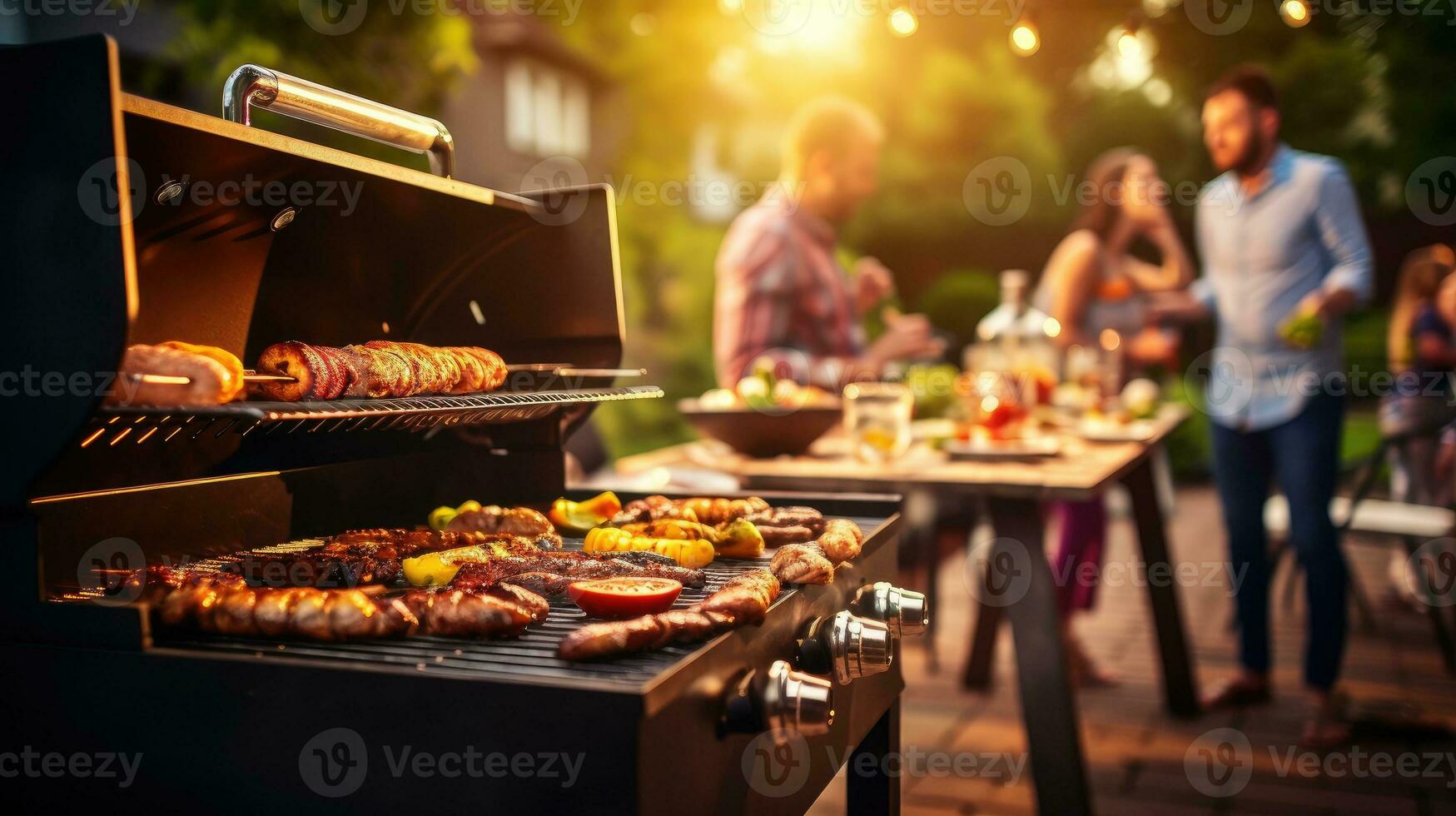 ai generato barbecue festa Giardino dietro la casa, un' barbecue piatto a un' festa fra amici o famiglia, ai generativo foto