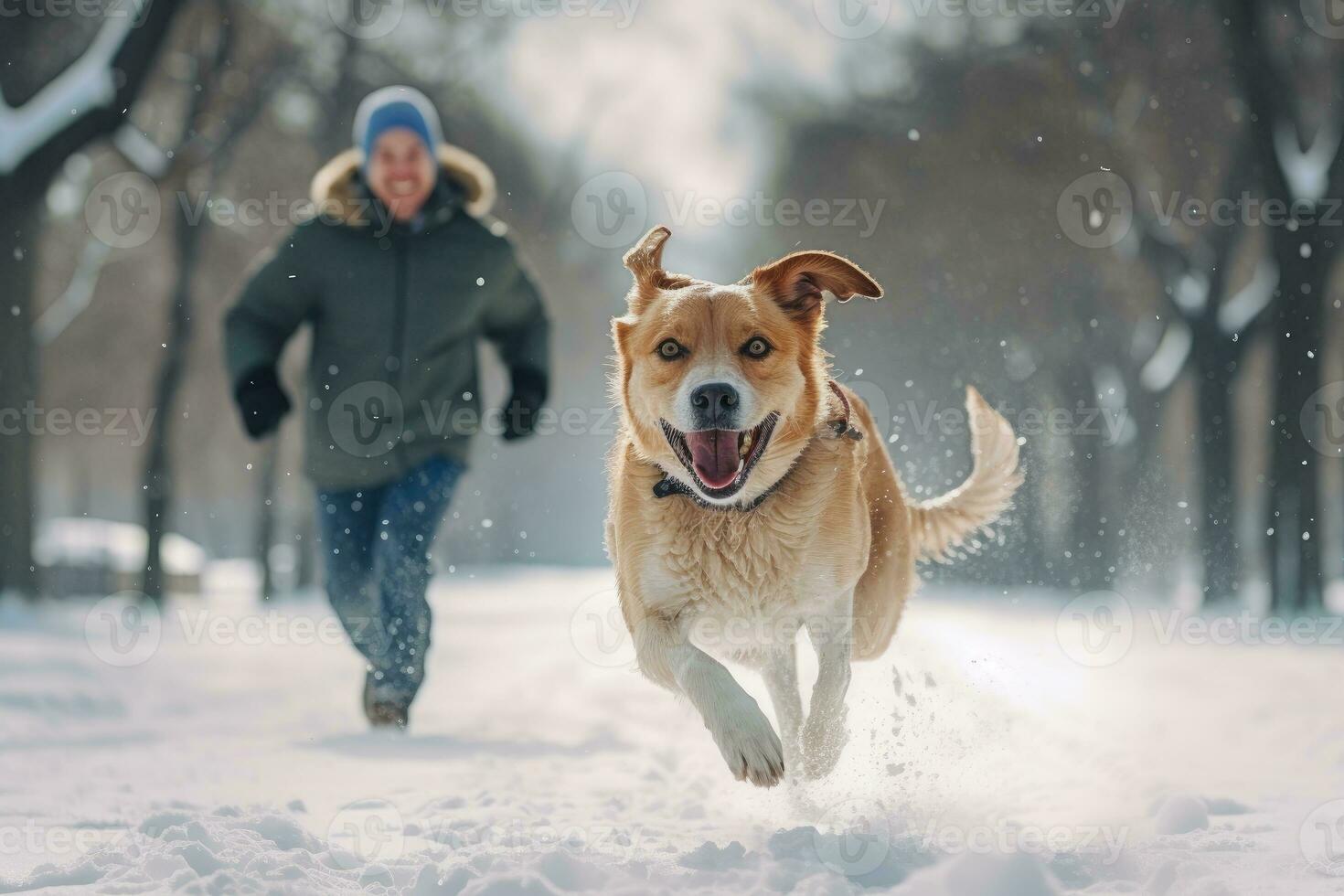 ai generato il servizio fotografico di un' contento cane corre con suo proprietario nel il parco, ai generativo foto