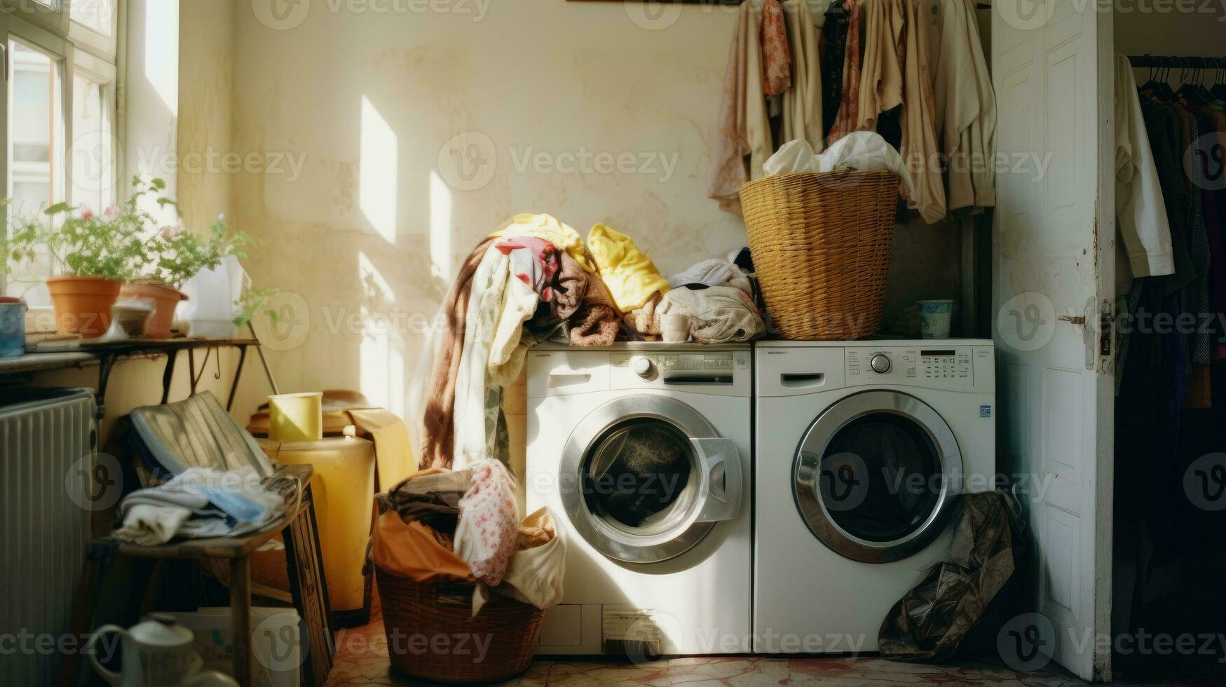 ai generato disordinato lavanderia camera, minimo stile con luce del sole, ai generativo foto