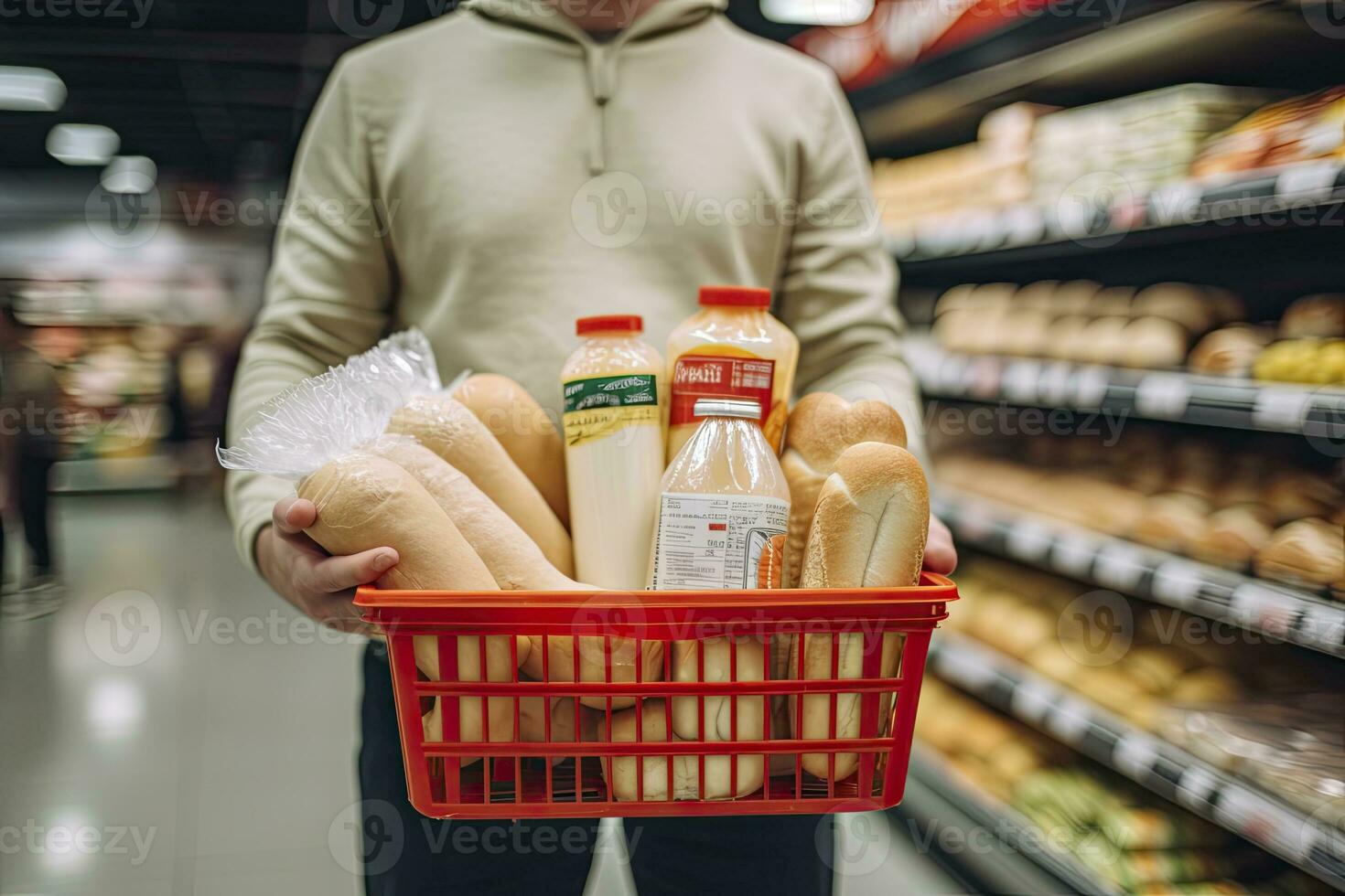 ai generato uomo Tenere shopping cestino con pane e latte drogheria nel supermercato. ai generato foto