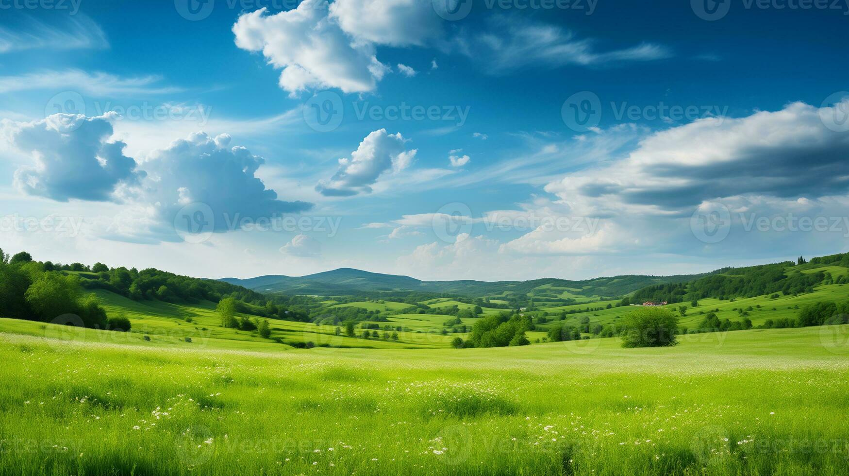 ai generato paesaggio foto di un' verde fioritura prato su un' soleggiato estate giorno