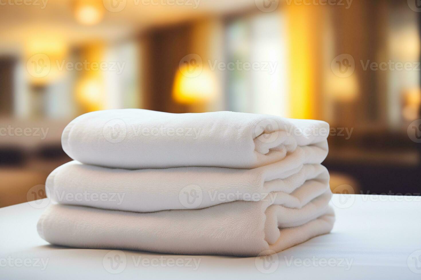 ai generato pila di ordinatamente piegato bianca asciugamani su un' letto nel un' Hotel camera foto