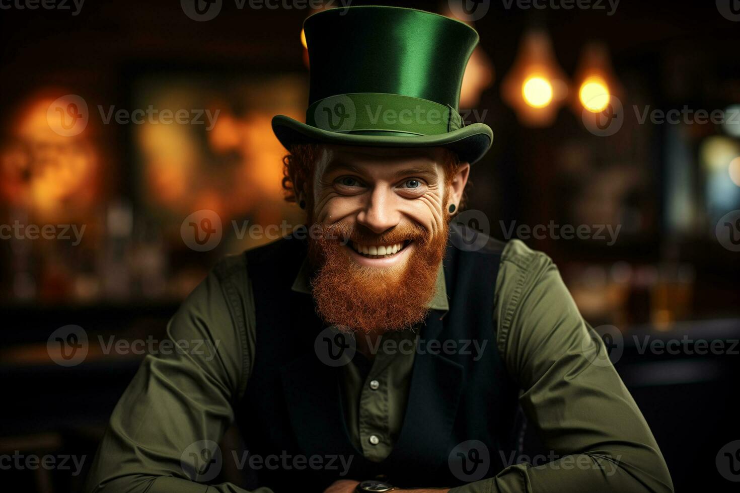 ai generato allegro barbuto dai capelli rossi uomo nel un' grande tradizionale st. Patrick superiore cappello foto