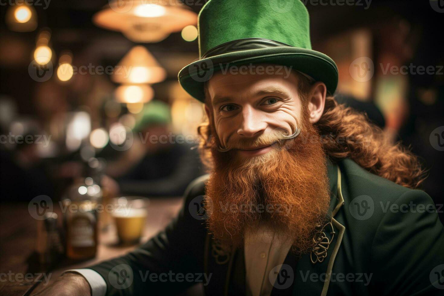 ai generato allegro barbuto dai capelli rossi uomo nel un' grande tradizionale st. Patrick superiore cappello foto