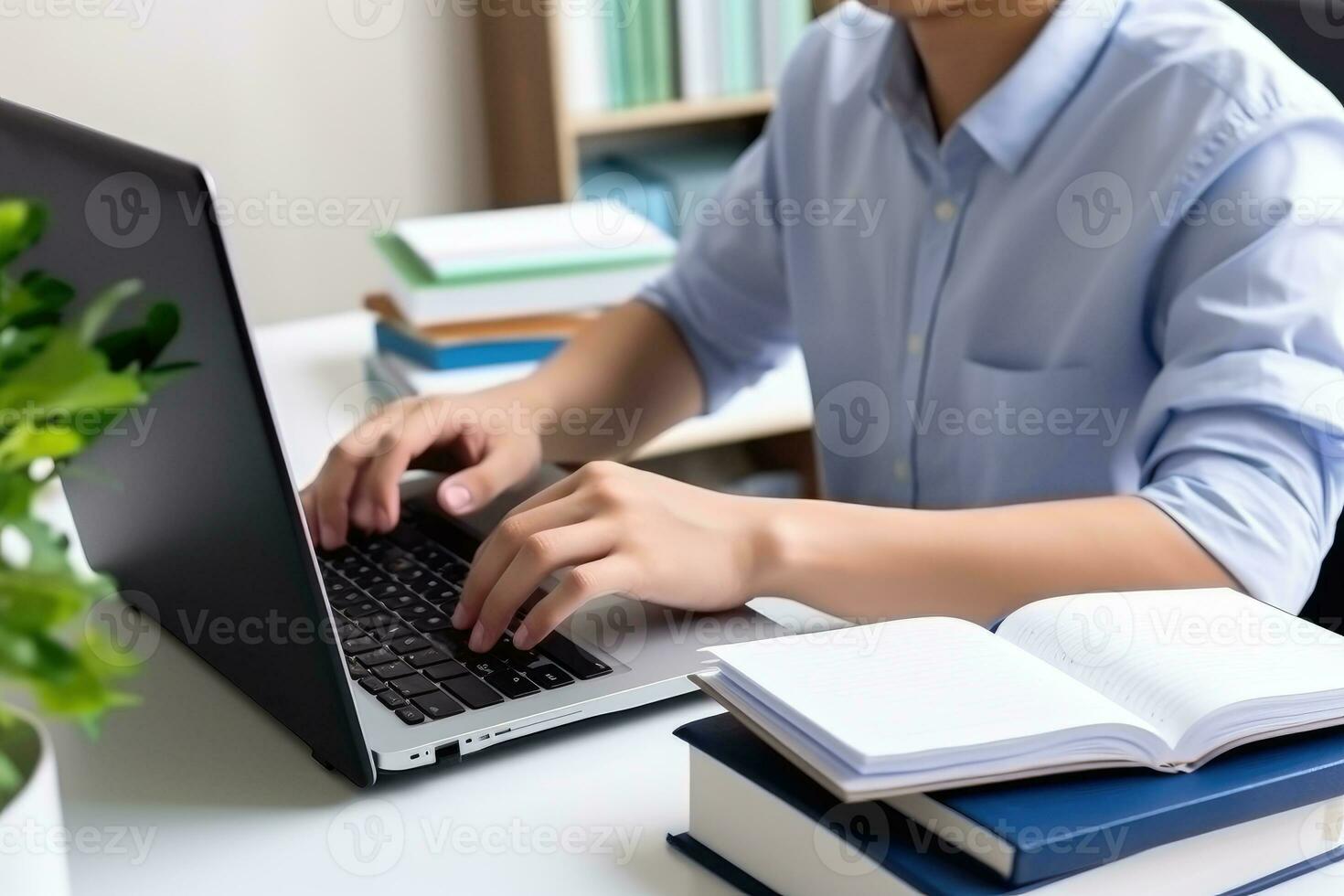 ai generato giovane alunno persona studiando con il computer portatile e libro nel il scuola biblioteca, apprendimento in linea. generativo ai foto