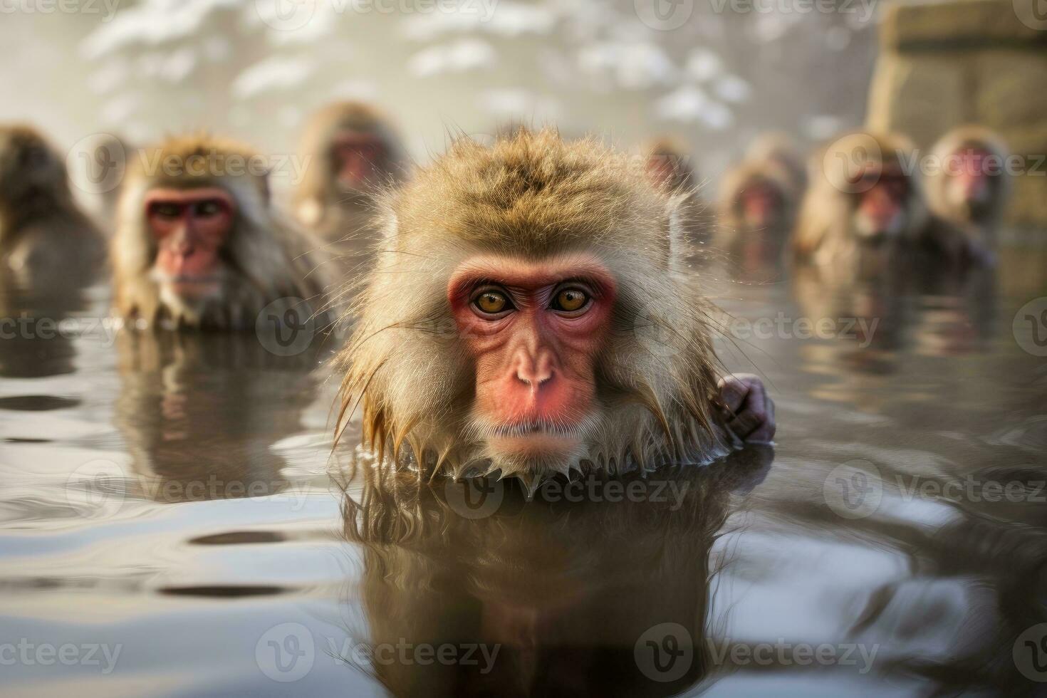 ai generato giapponese scimmie, neve scimmie, caldo loro stessi nel un' caldo primavera nel inverno. generativo ai. foto