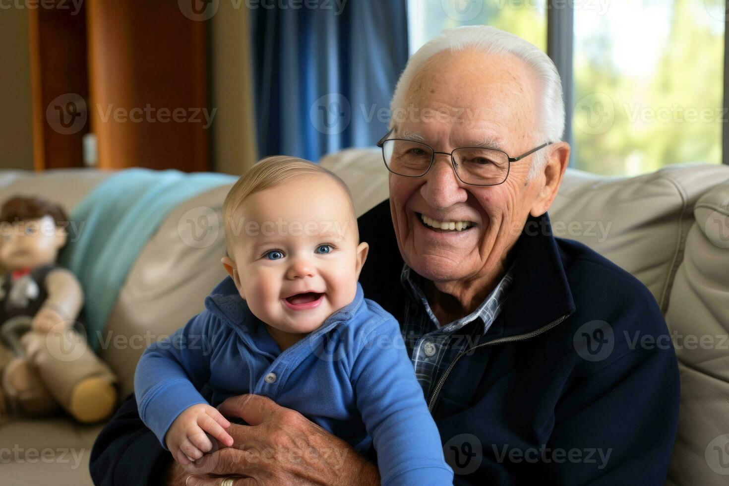 ai generato Nonno e parente divertimento con un' giocattolo , nel vivente camera. generativo ai foto