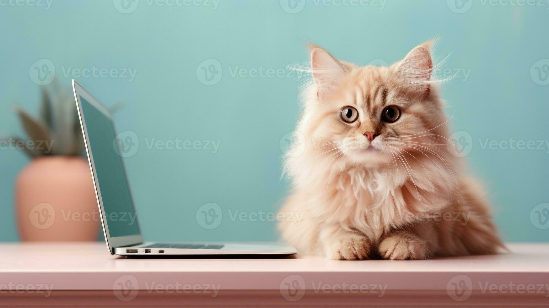 ai generato lungo dai capelli gatto dire bugie su tavolo ai generato il computer portatile modello foto