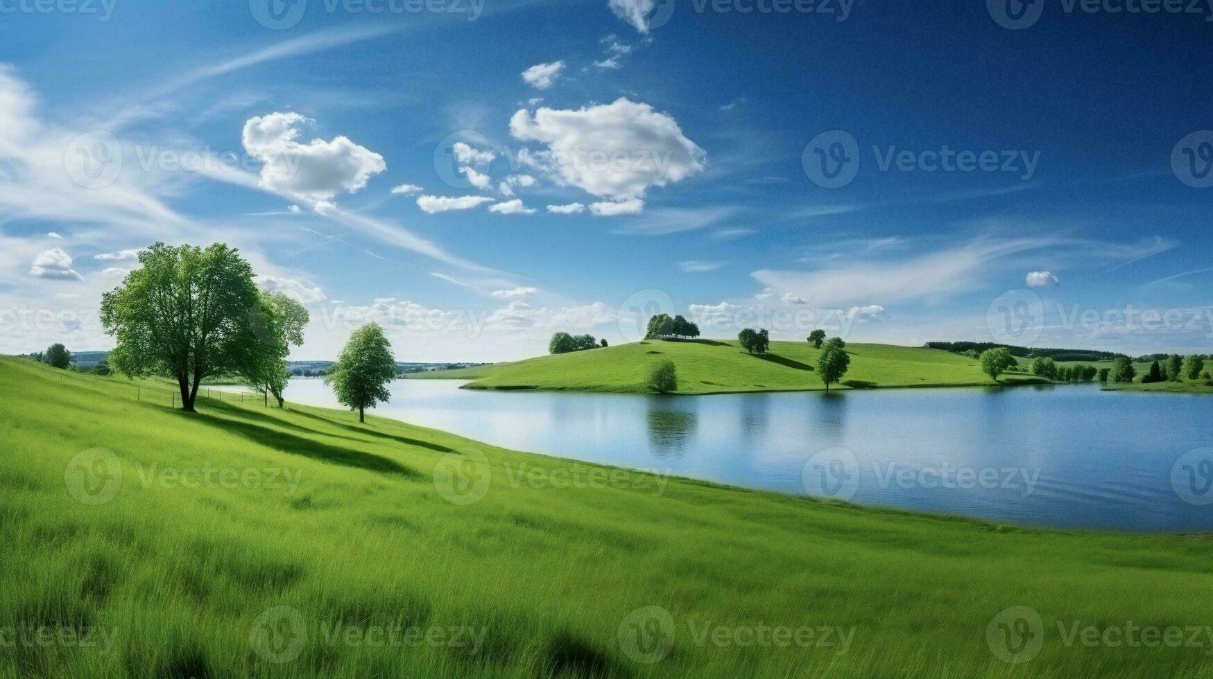 ai generato verde erboso campo con lago e alberi foto