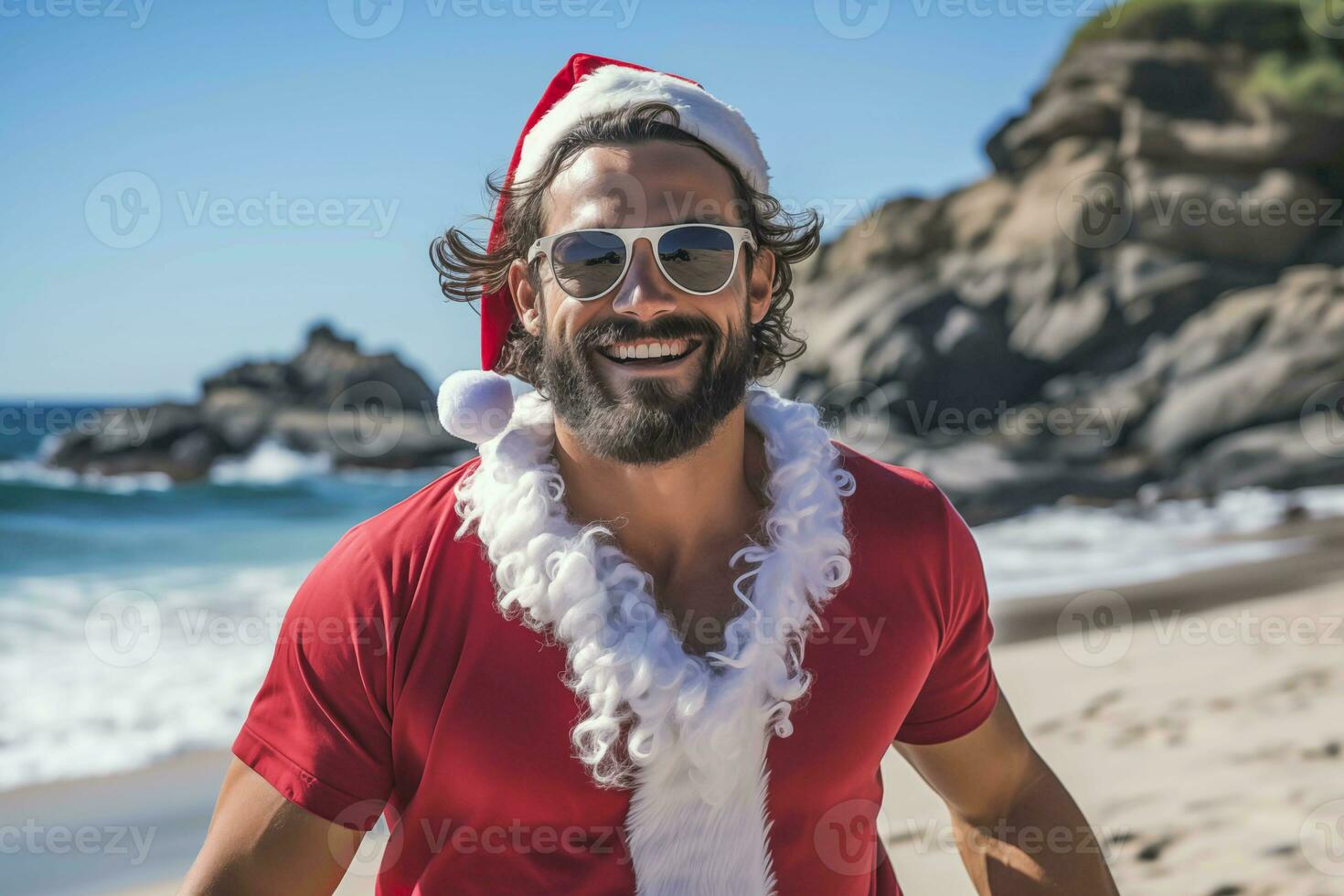 ai generato attraente muscolare giovane uomo indossare un' Santa Claus indumento in esecuzione a spiaggia e sorridente a il telecamera foto