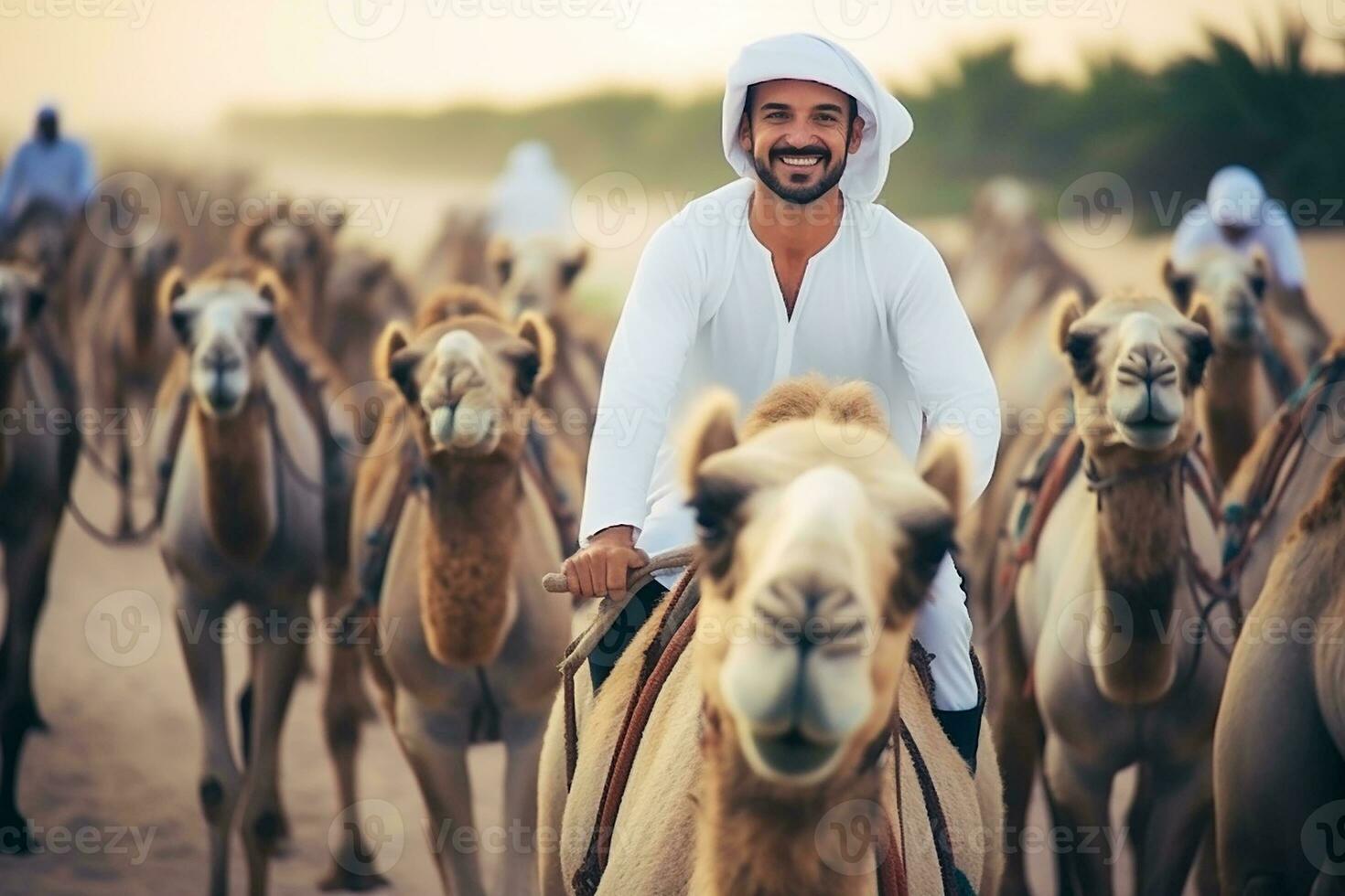 ai generato gioioso turista su gruppo cammello cavalcata nel deserto foto