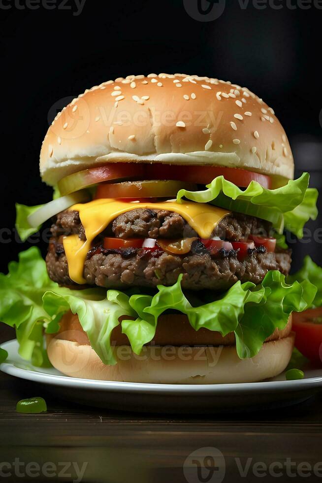 ai generato delizioso hamburger con succoso carne, fuso formaggio, e fresco condimenti foto