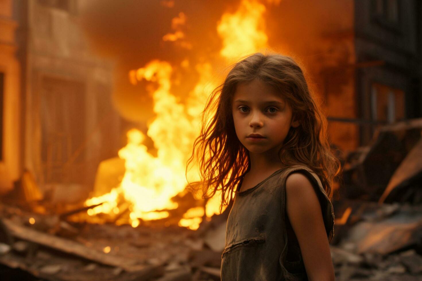 ai generato un' giovane ragazza in piedi nel davanti di un' ardente edificio bokeh stile sfondo con generativo ai foto