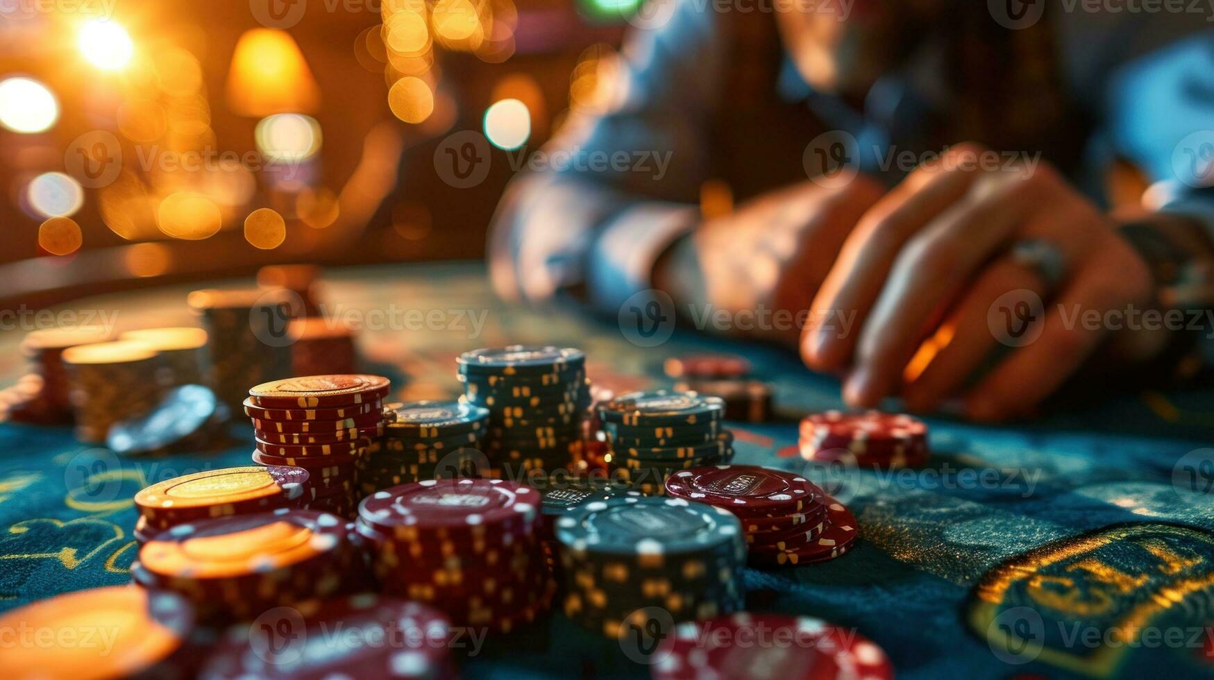 ai generato vicino su di uomo giocando Texas Holdem poker nel casinò foto