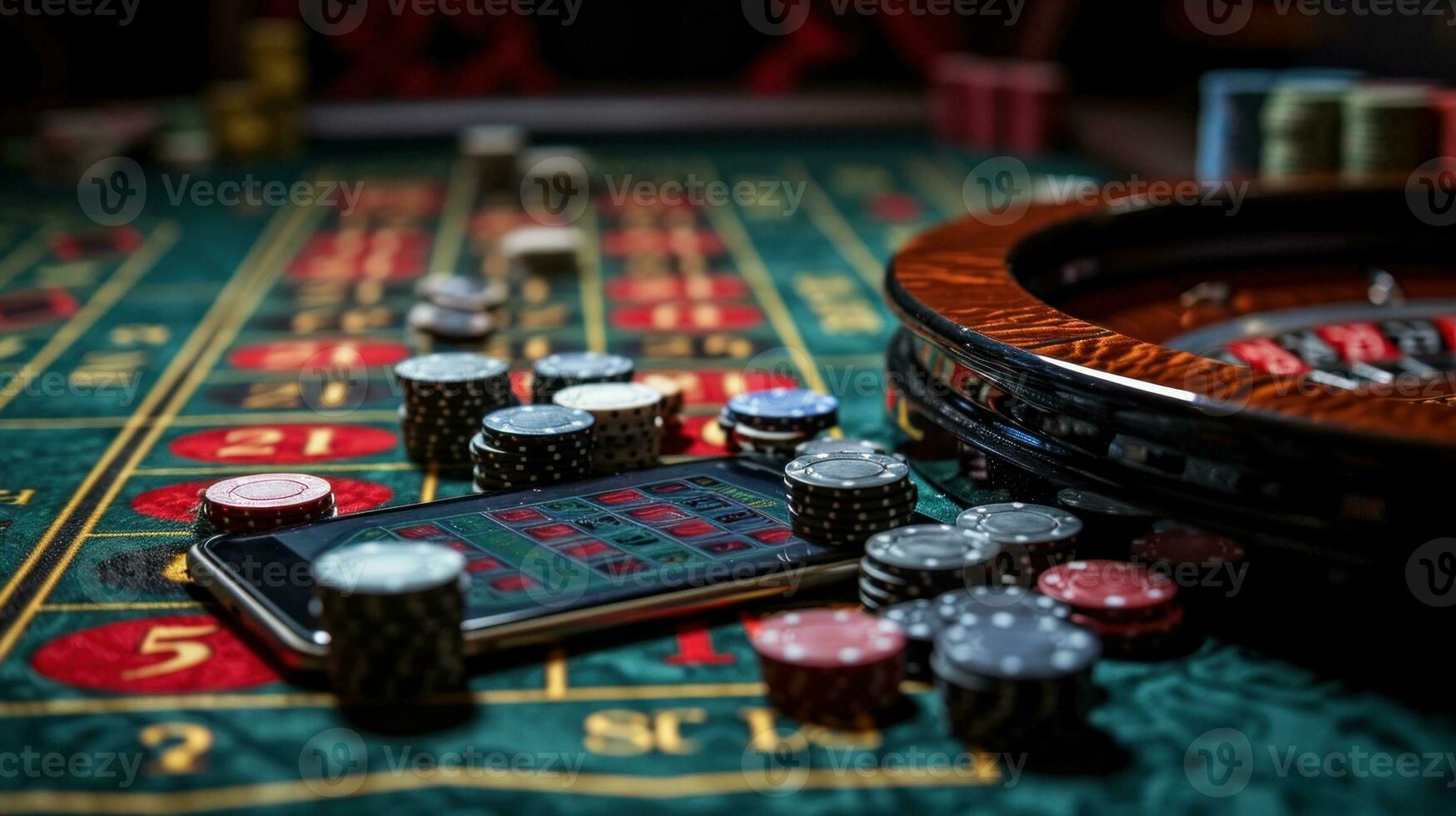 ai generato casinò roulette tavolo con patatine fritte, carte e roulette ruota con mobile Telefono. in linea gioco d'azzardo. foto