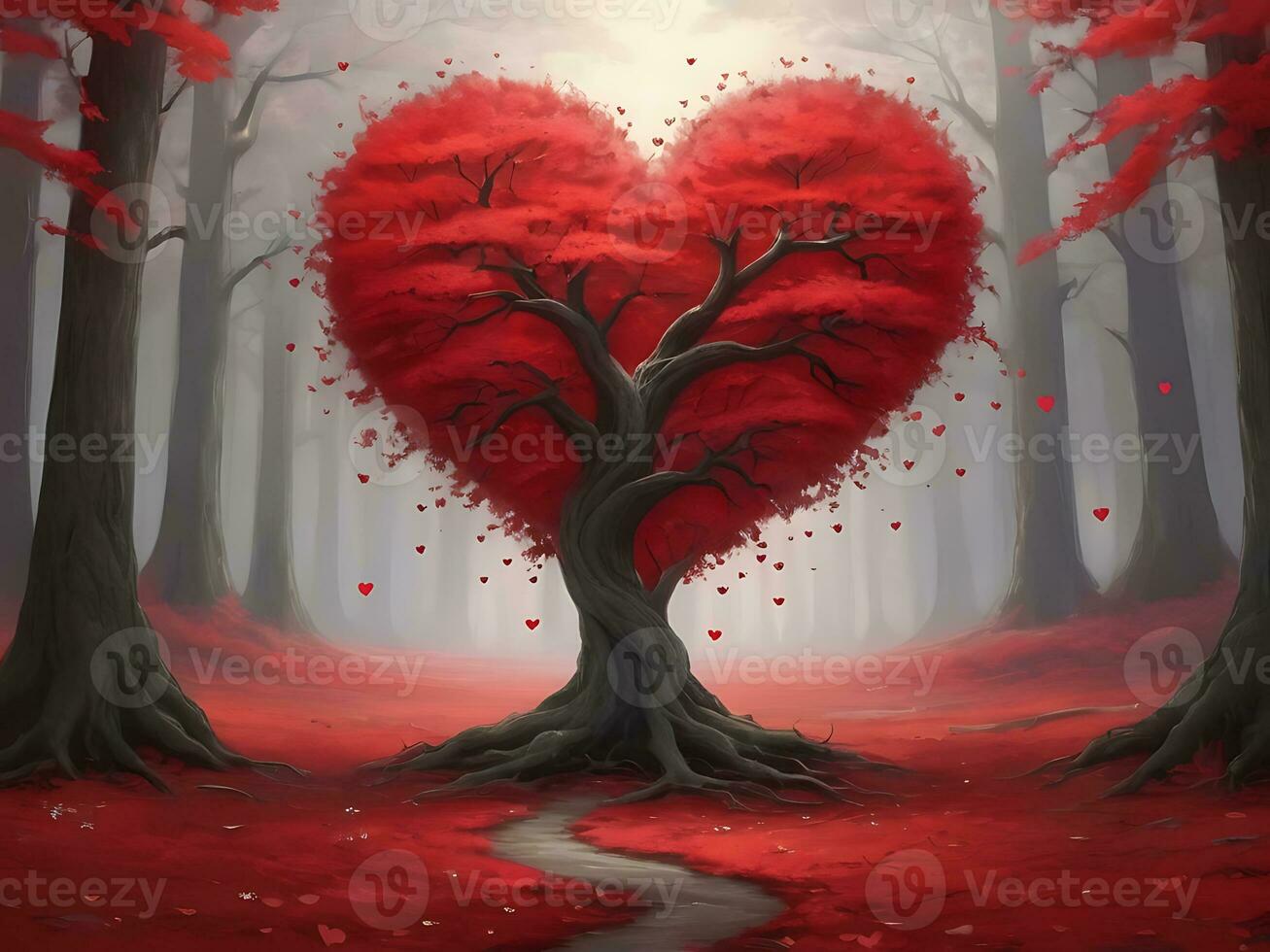 ai generato rosso cuore sagomato albero 3d rosso amore san valentino giorno foto