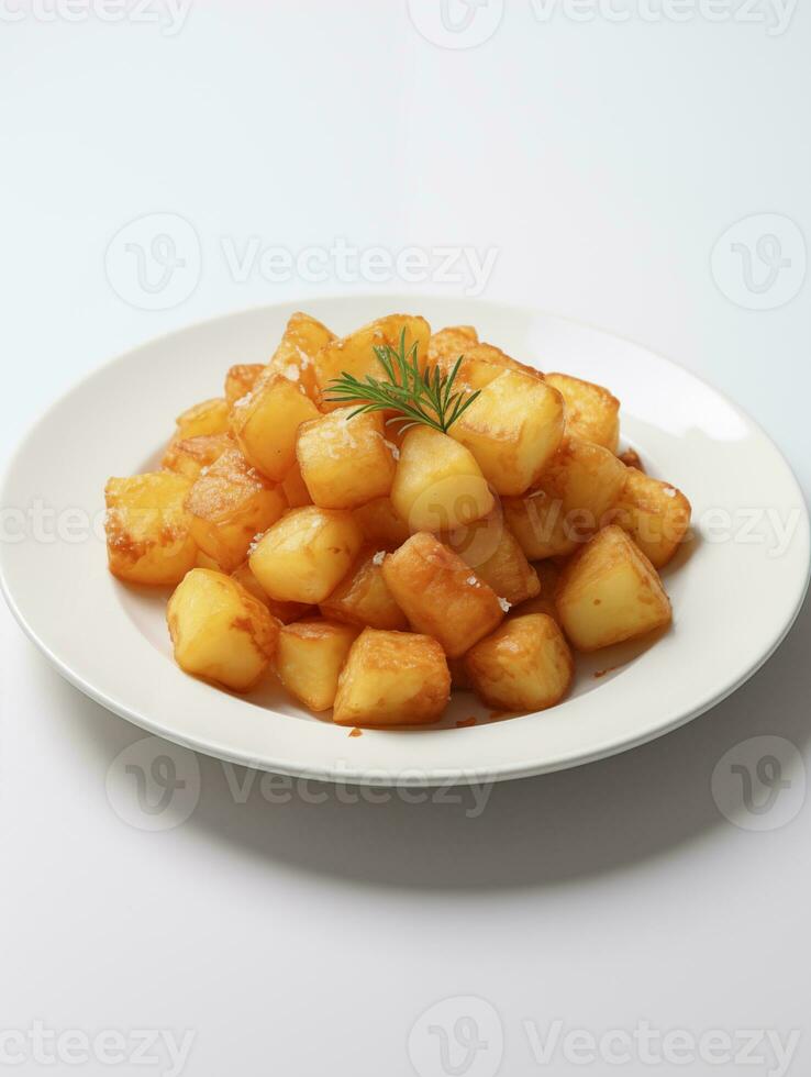 ai generato fritte patate brava su bianca piatto foto