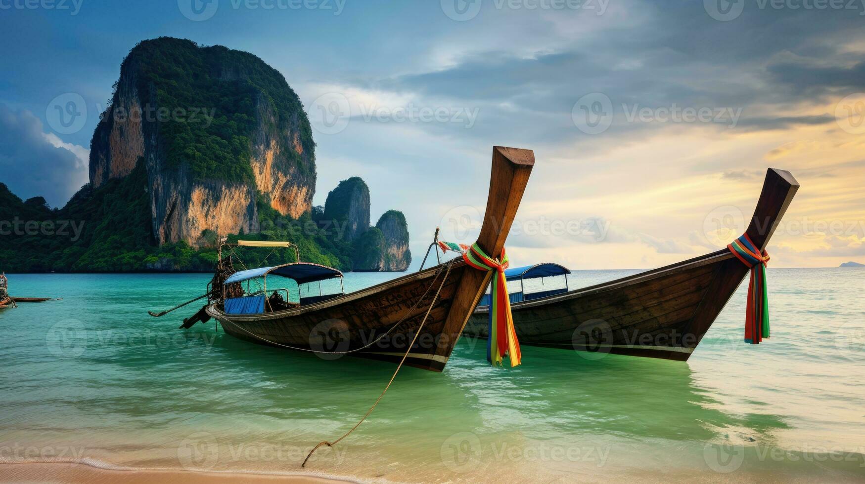 ai generato tailandese tradizionale di legno coda lunga barca e bellissimo sabbia spiaggia, Tailandia. foto