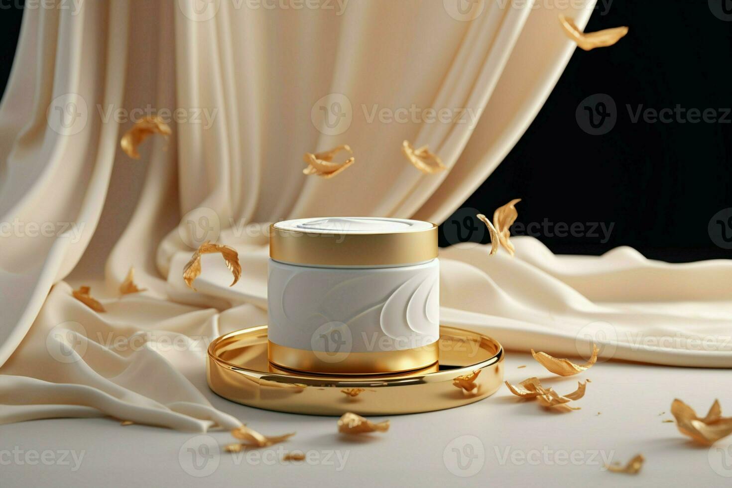 ai generato cosmetico eleganza bianca crema vaso su seta podio con d'oro Accenti foto