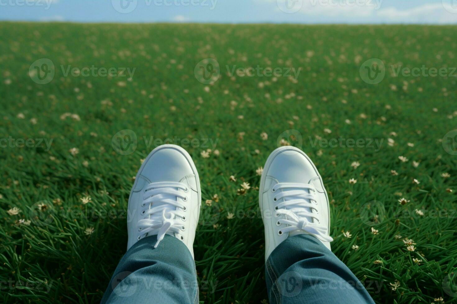 ai generato primavera autoscatto piedi nel bianca scarpe da ginnastica su verde erba sfondo foto