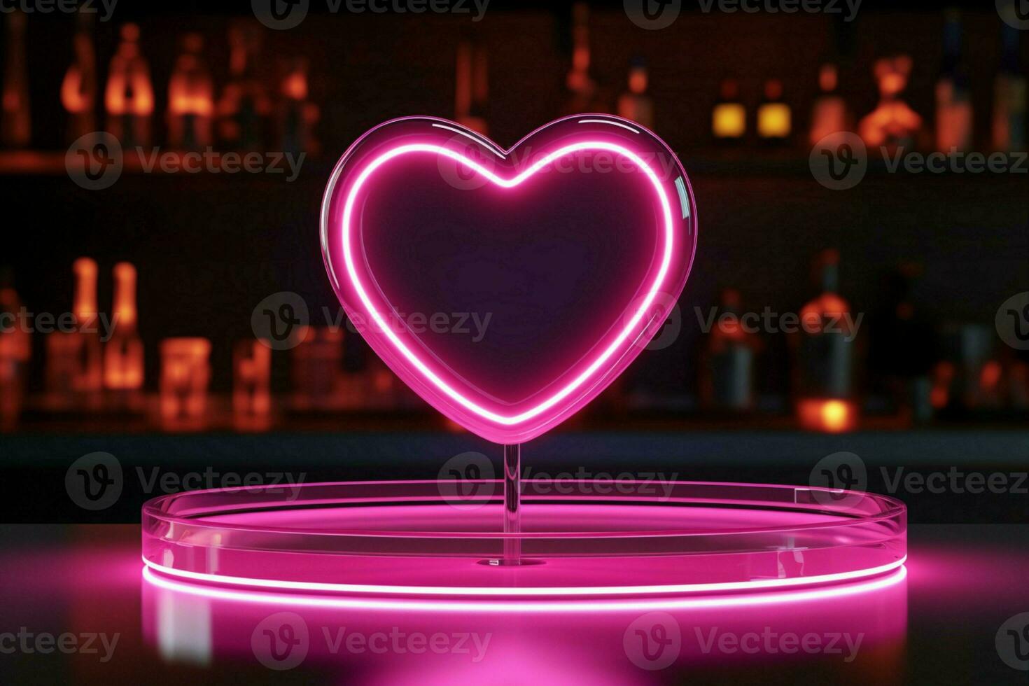 ai generato amore palcoscenico neon cuore lineamenti, rosa podio su buio sfondo foto