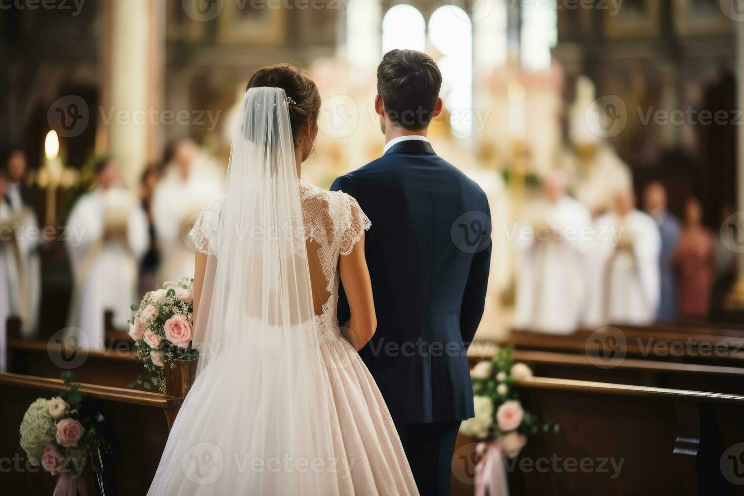 ai generato un' sposa e sposo a il altare di un' Chiesa durante il nozze cerimonia. ai generato foto