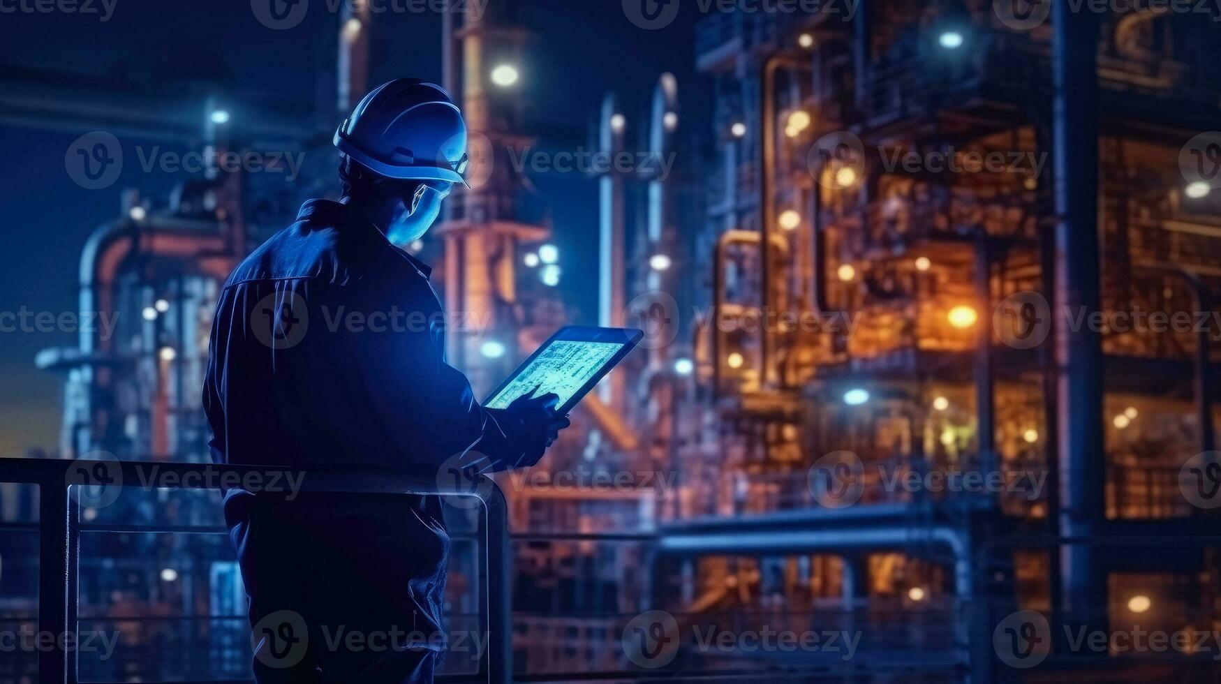 ai generato ingegneria Lavorando hold inteligente tavoletta nel il olio e gas industria a notte , carburante e energia generazione, prodotto petrochimico fabbrica industria sfondo , ai generativo foto