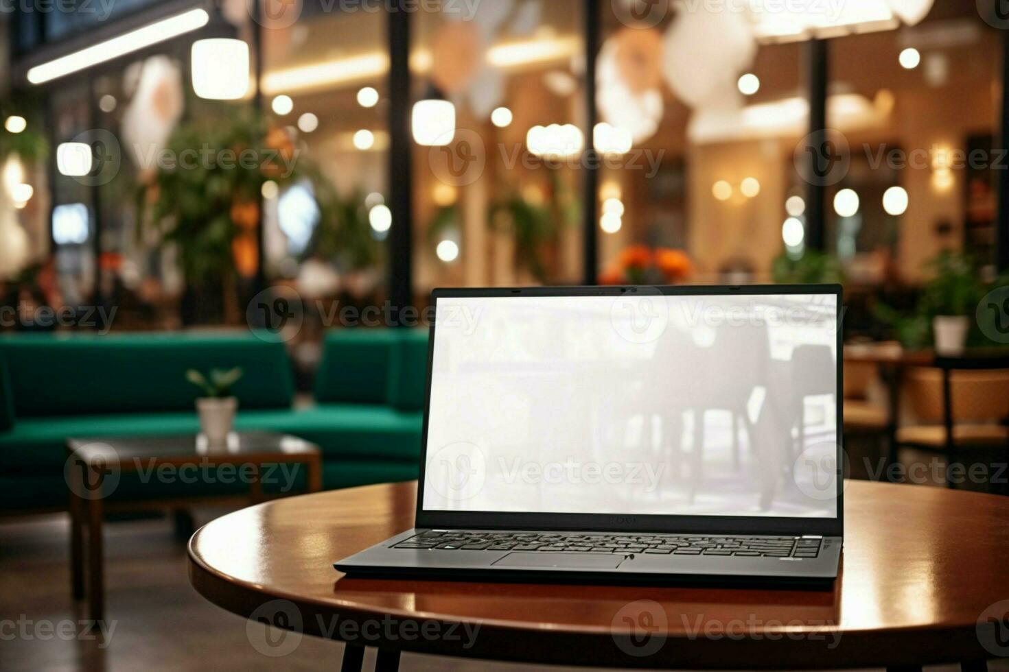 ai generato su il partire spazio di lavoro il computer portatile nel Hotel ricezione con modello vuoto schermo foto