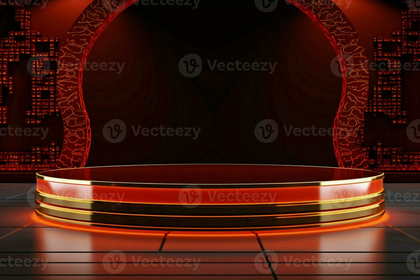 ai generato elegante 3d podio Cinese nuovo anno, feste, medio autunno, rosso oro tema foto