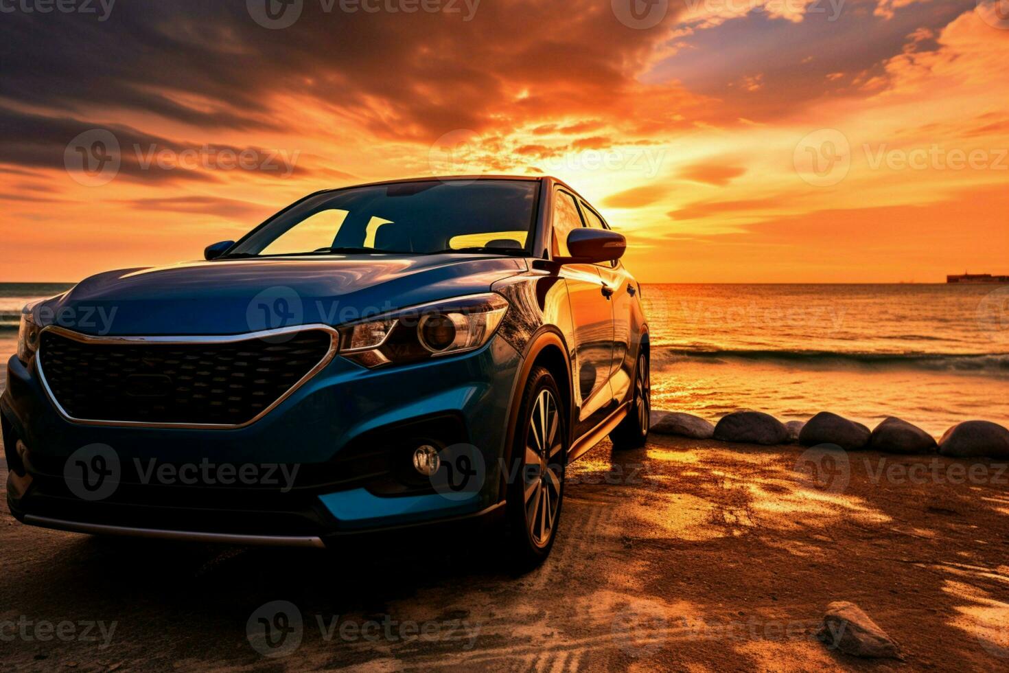 ai generato tramonto eleganza blu compatto suv con moderno design parcheggiata di il mare foto