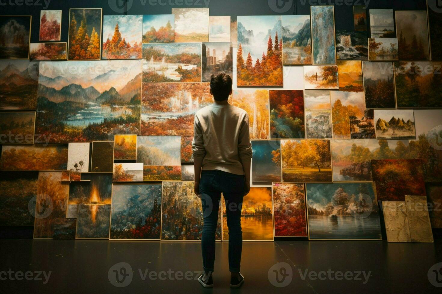 ai generato arte appassionato affascinato di galleria mostra, immersa nel creativo contemplazione foto