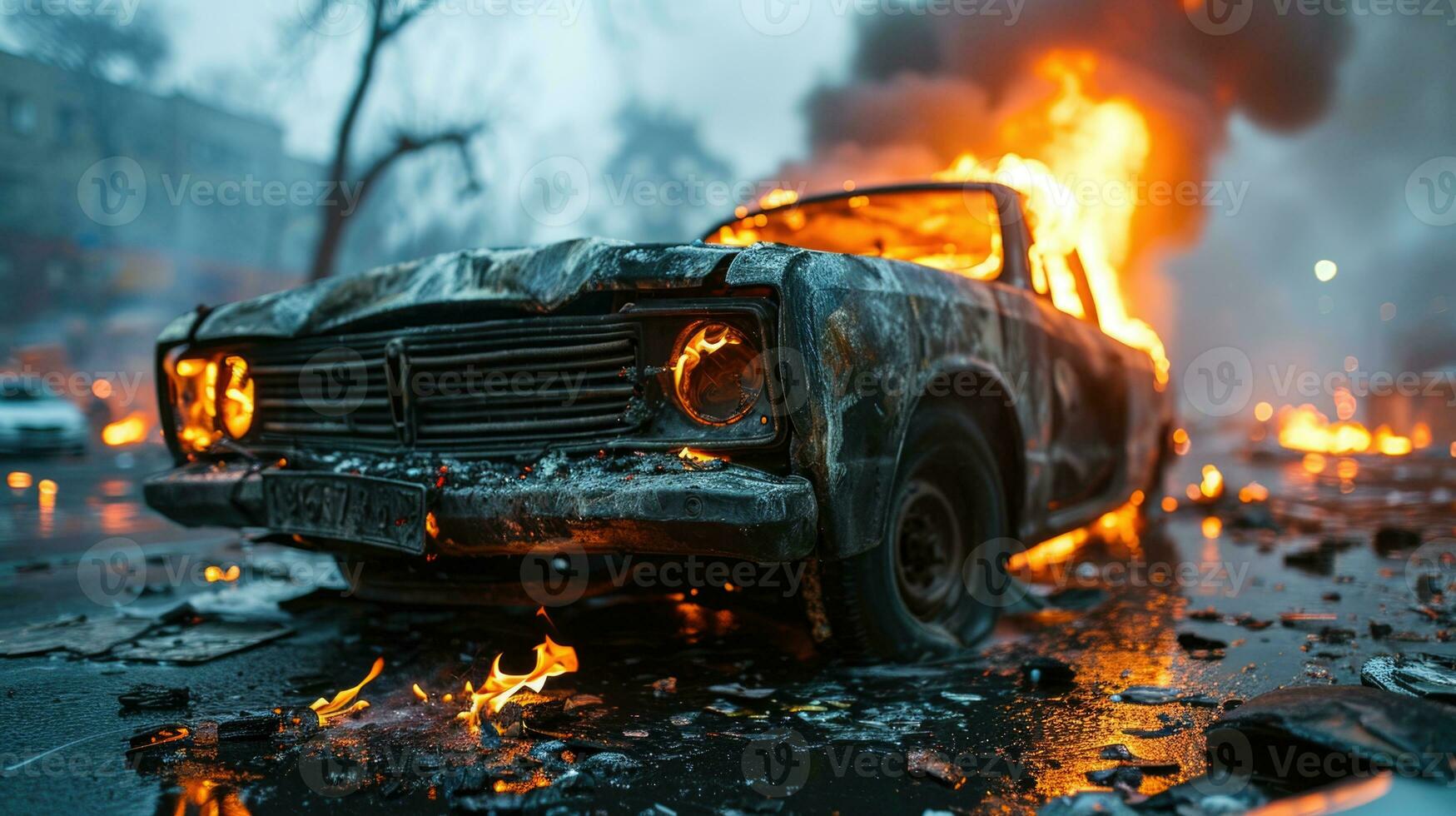 ai generato ardente auto su il strada strada. foto