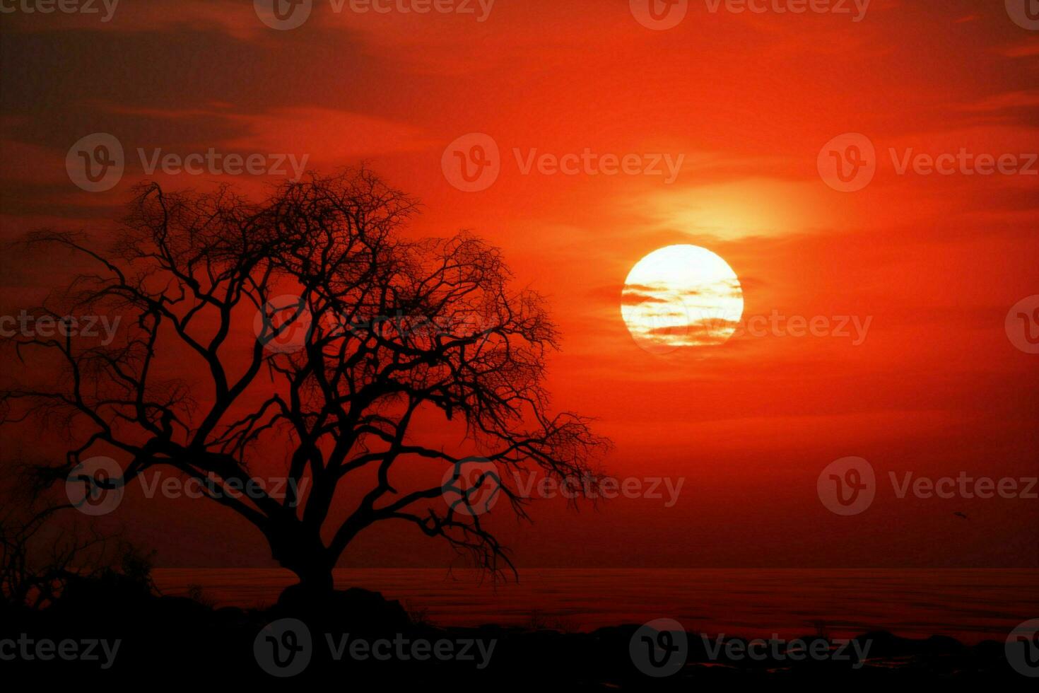 ai generato astratto bellezza rosso tramonto cielo con il giro sole e staglia albero foto