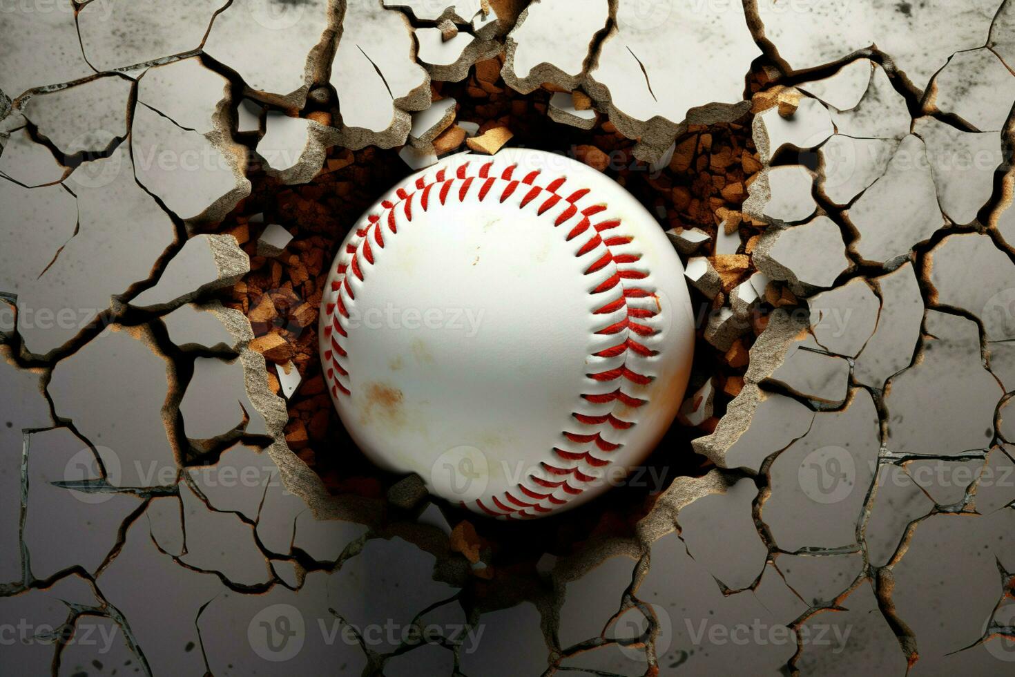 ai generato baseball pause barriere palla drammaticamente mosche attraverso un' Cracked parete foto