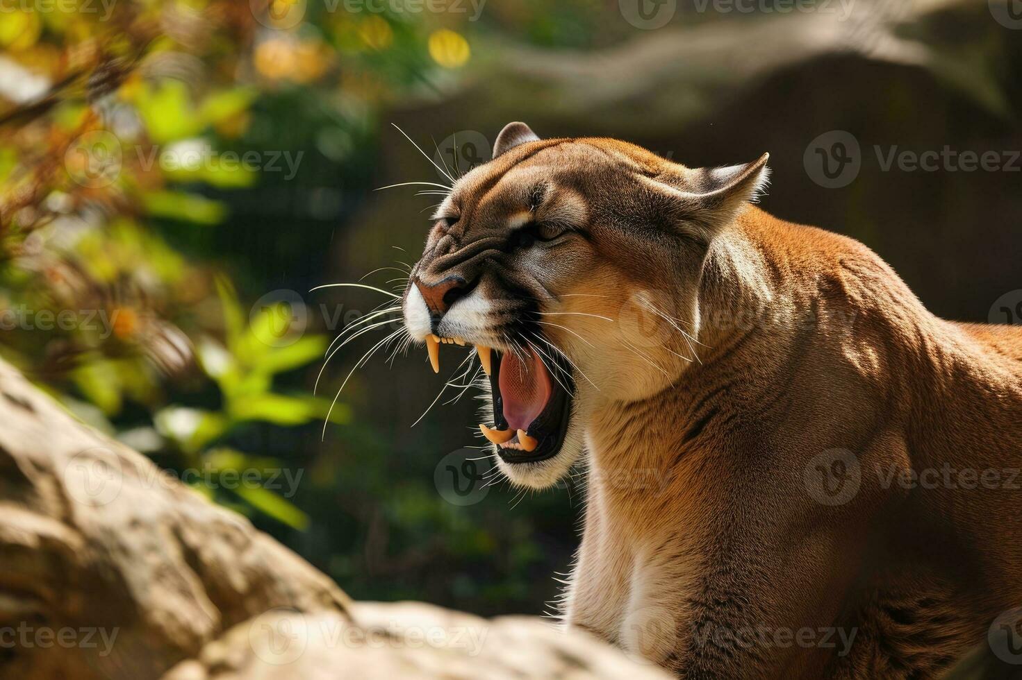 ai generato ruggente Puma o montagna Leone cacce suo preda foto