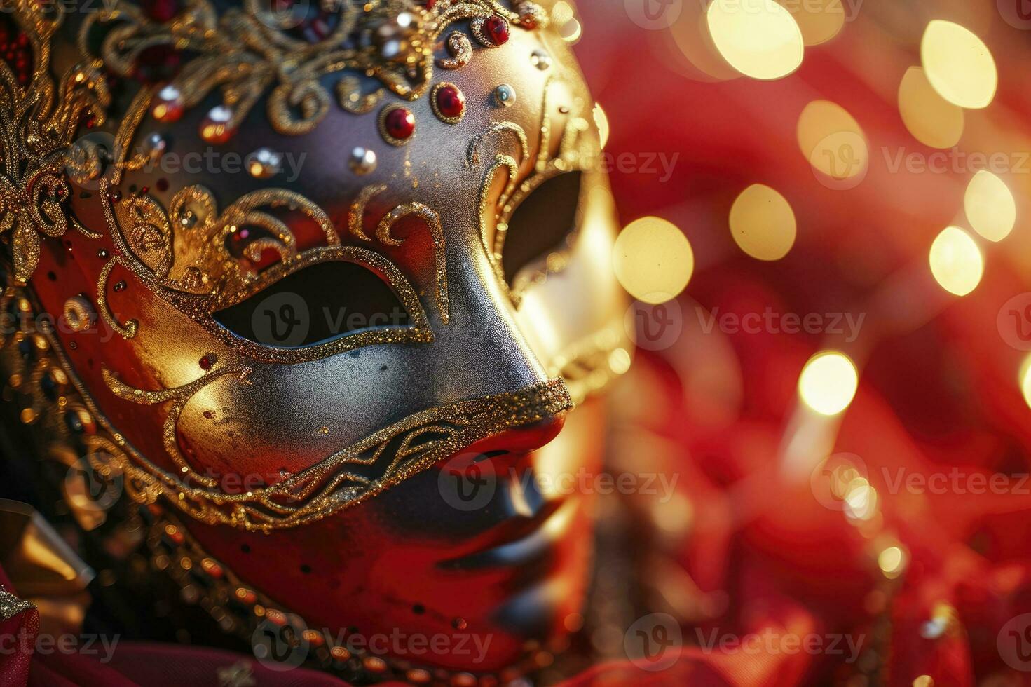 ai generato festivo veneziano carnevale maschera con oro decorazioni su  rosso sfondo. 36049931 Stock Photo su Vecteezy