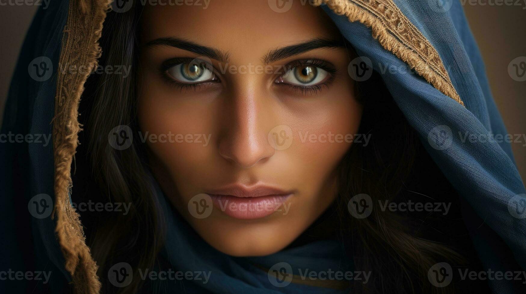 ai generato penetrante Guarda in il occhi di un arabo donna con un' foulard foto