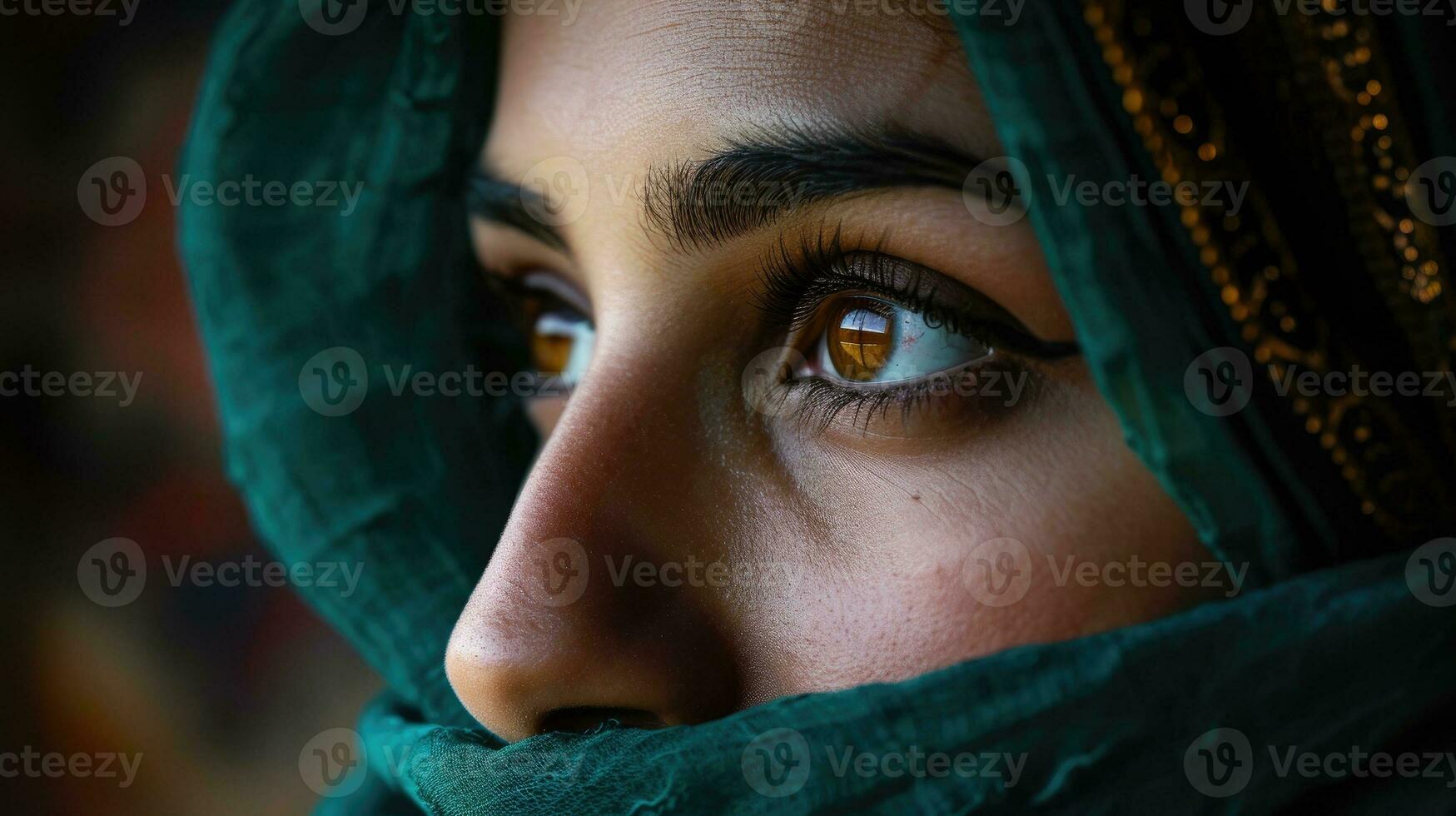 ai generato penetrante Guarda in il occhi di un arabo donna con un' foulard foto