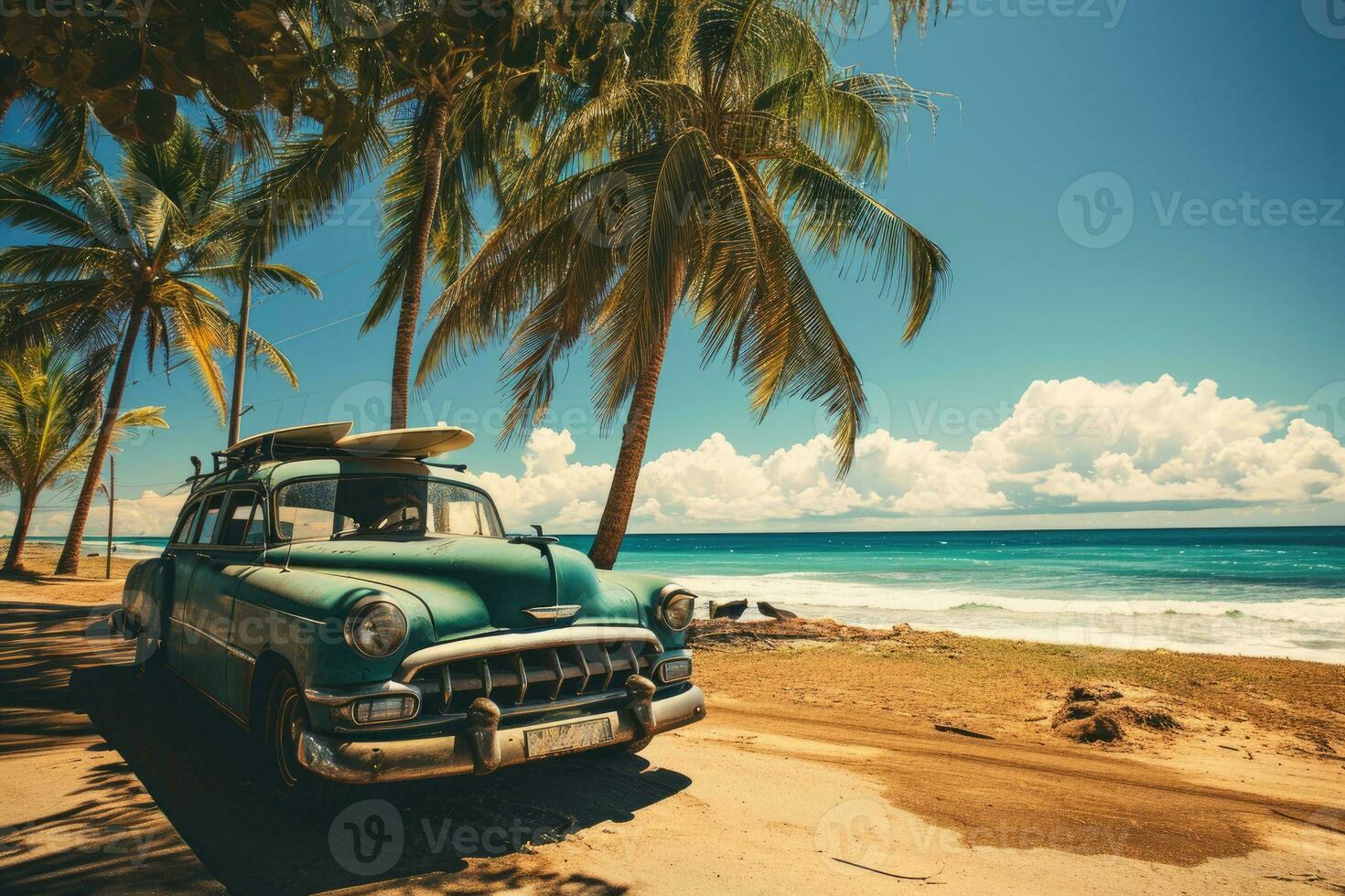 ai generato un vecchio auto parcheggiata su un' tropicale spiaggia con un' canoa su il tetto. foto