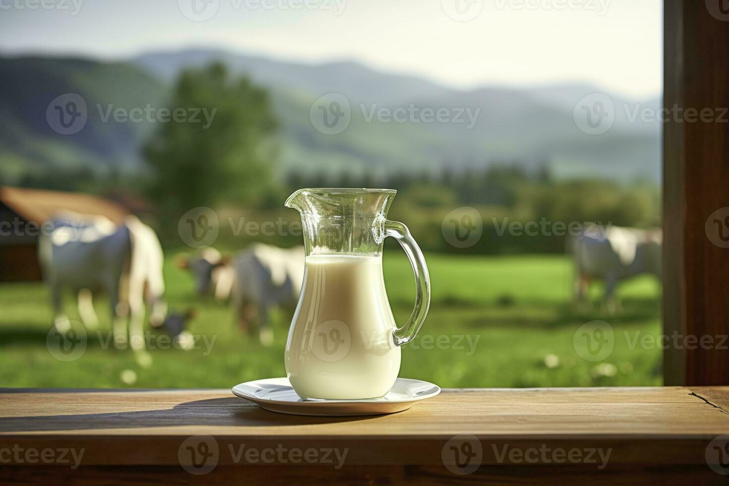 ai generato bicchiere brocca con fresco latte su un' di legno tavolo. ai generato foto