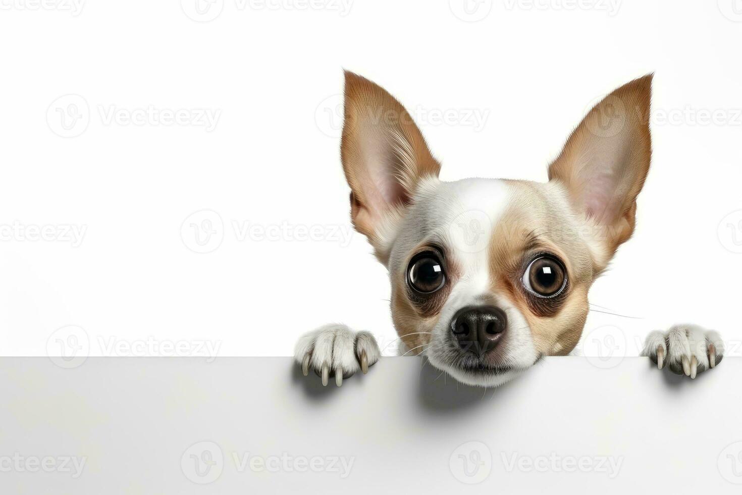 ai generato sorpreso cane chihuahua con grande occhi guardare a partire dal dietro a un' bianca telaio foto
