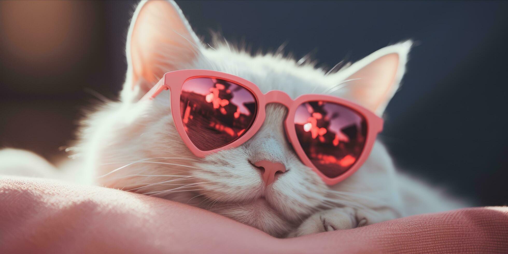 ai generato gatto indossare cuore sagomato occhiali da sole dire bugie su un' cuscino foto